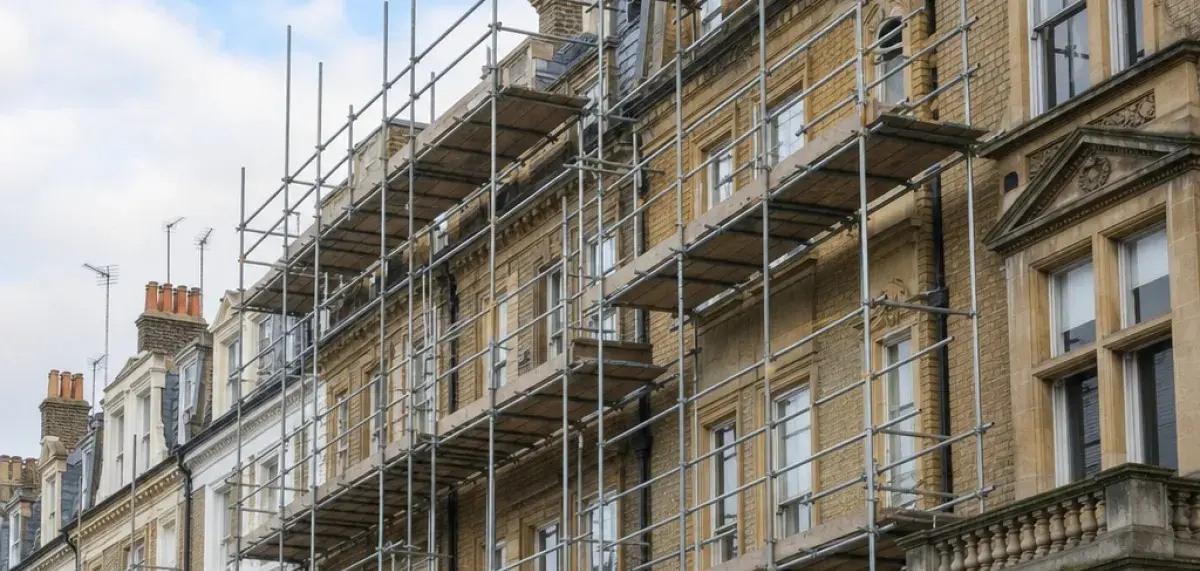 Row of apartment buildings with scaffolding outside under a sunny blue sky