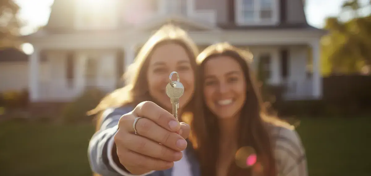 New homeowners show off key in stock image