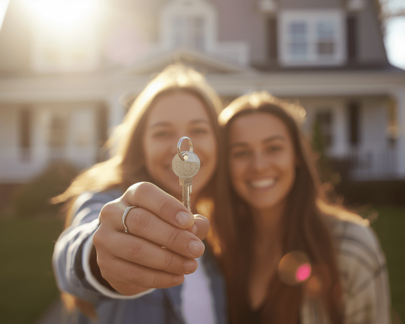 New homeowners show off key in stock image