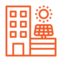 orange-line icon of a building with solar panel
