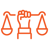 orange line icon of hand holding scales of justice