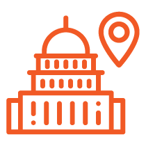 orange line icon of US capitol building with a map marker above