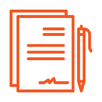 orange-line icon of documents with pen by the side