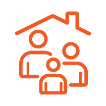 orange line icon of three people under a roof outline