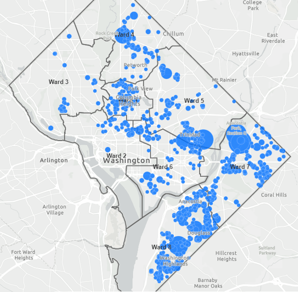 Interactive Healthy Housing Map of multifamily housing properties in D.C. with high rates of childhood asthma according to frequency of emergency room visits for treatment.