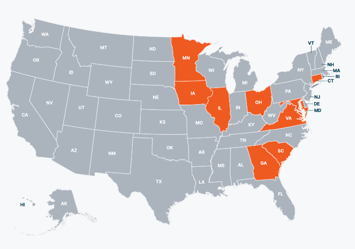a map of the US with MN, IA, IL, OH, GA, SC, VA, MD, and CT highlighted